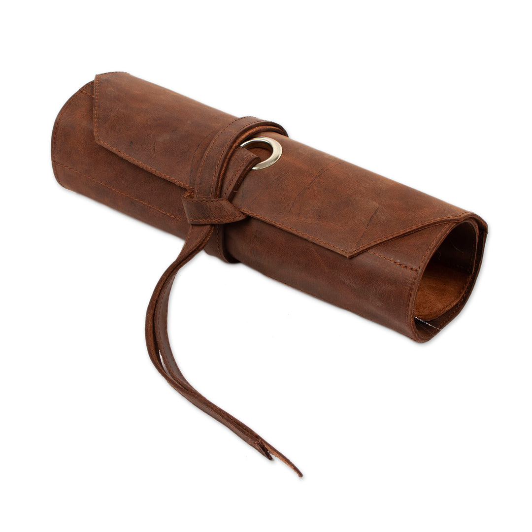 Artisan Crafted Tobacco Brown Leather Small Tool Roll Bag - Ready for the Job