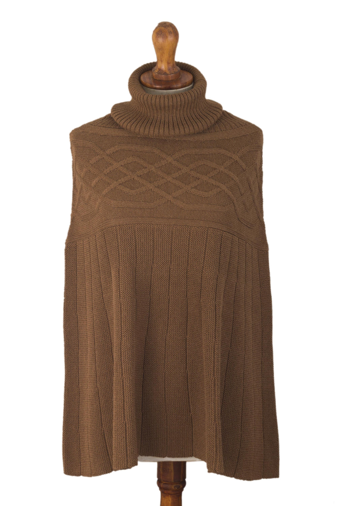 Braided Detail Brown Alpaca Blend Poncho from Peru - Natural Sepia