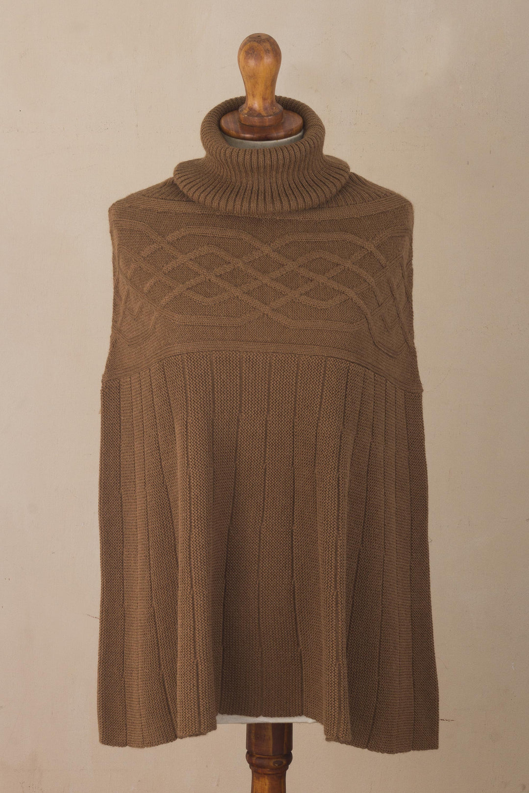 Braided Detail Brown Alpaca Blend Poncho from Peru - Natural Sepia