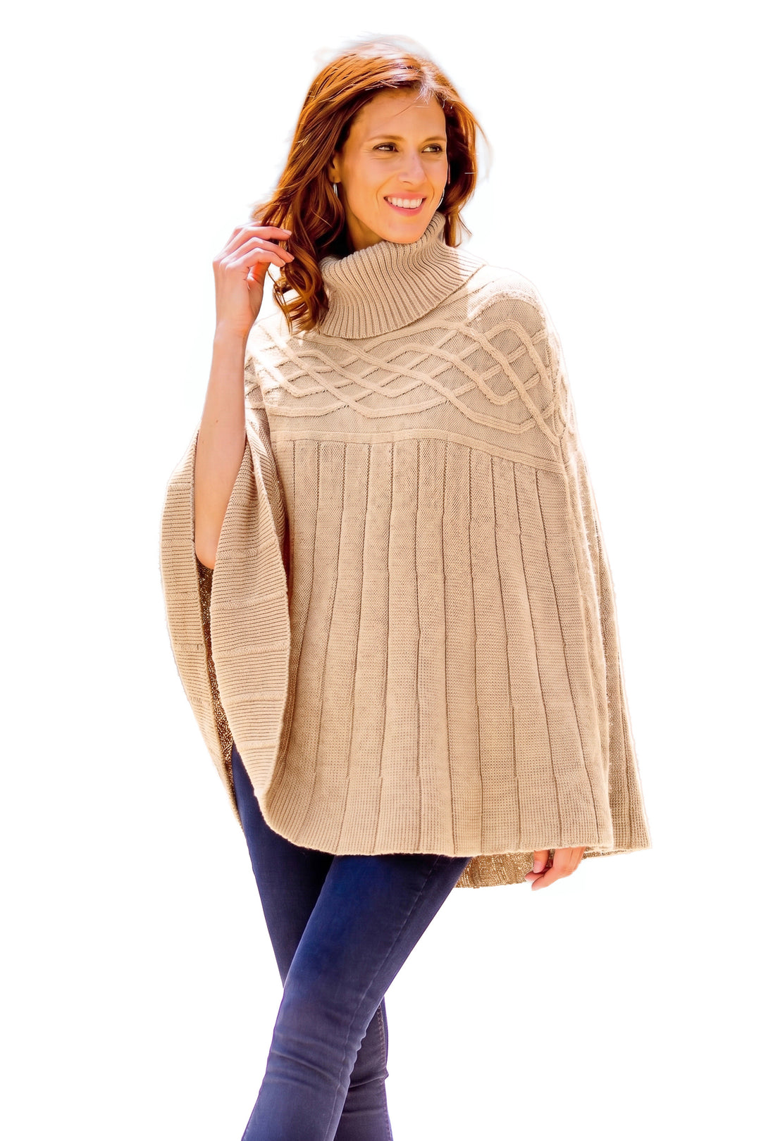 Braided Detail Ivory Alpaca Blend Poncho from Peru - Natural Ivory