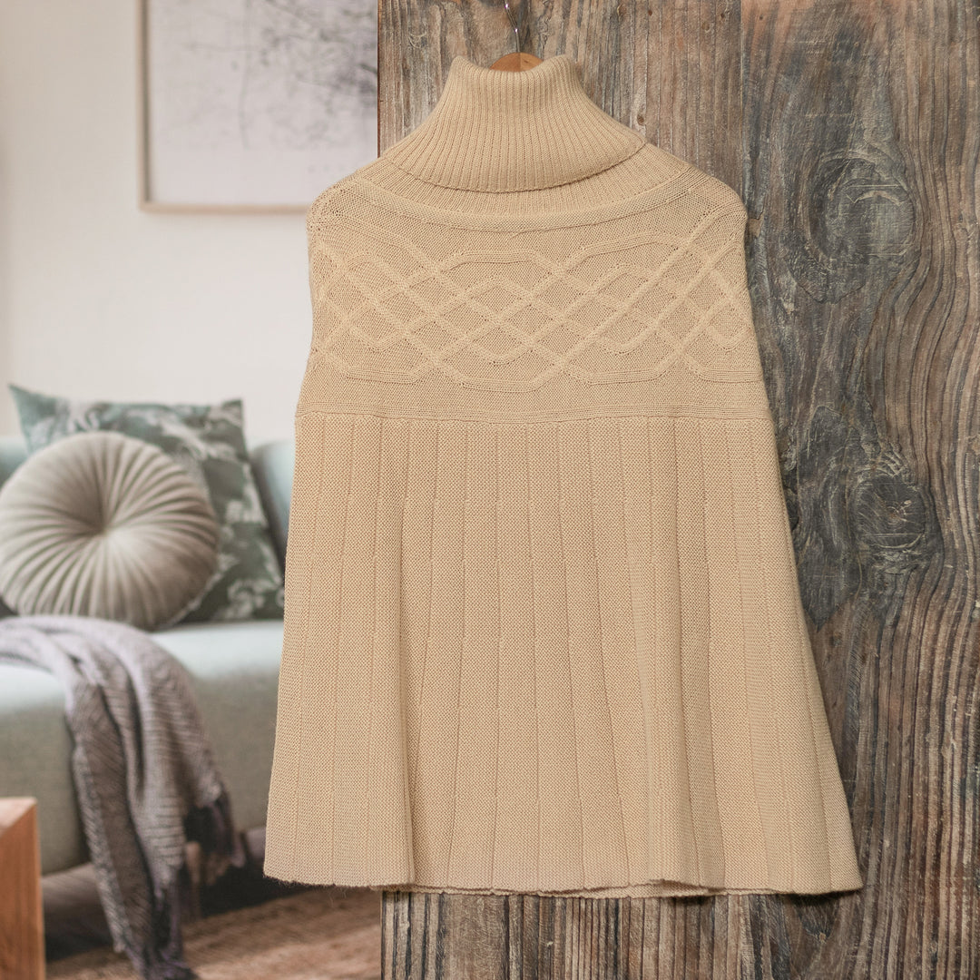 Braided Detail Ivory Alpaca Blend Poncho from Peru - Natural Ivory