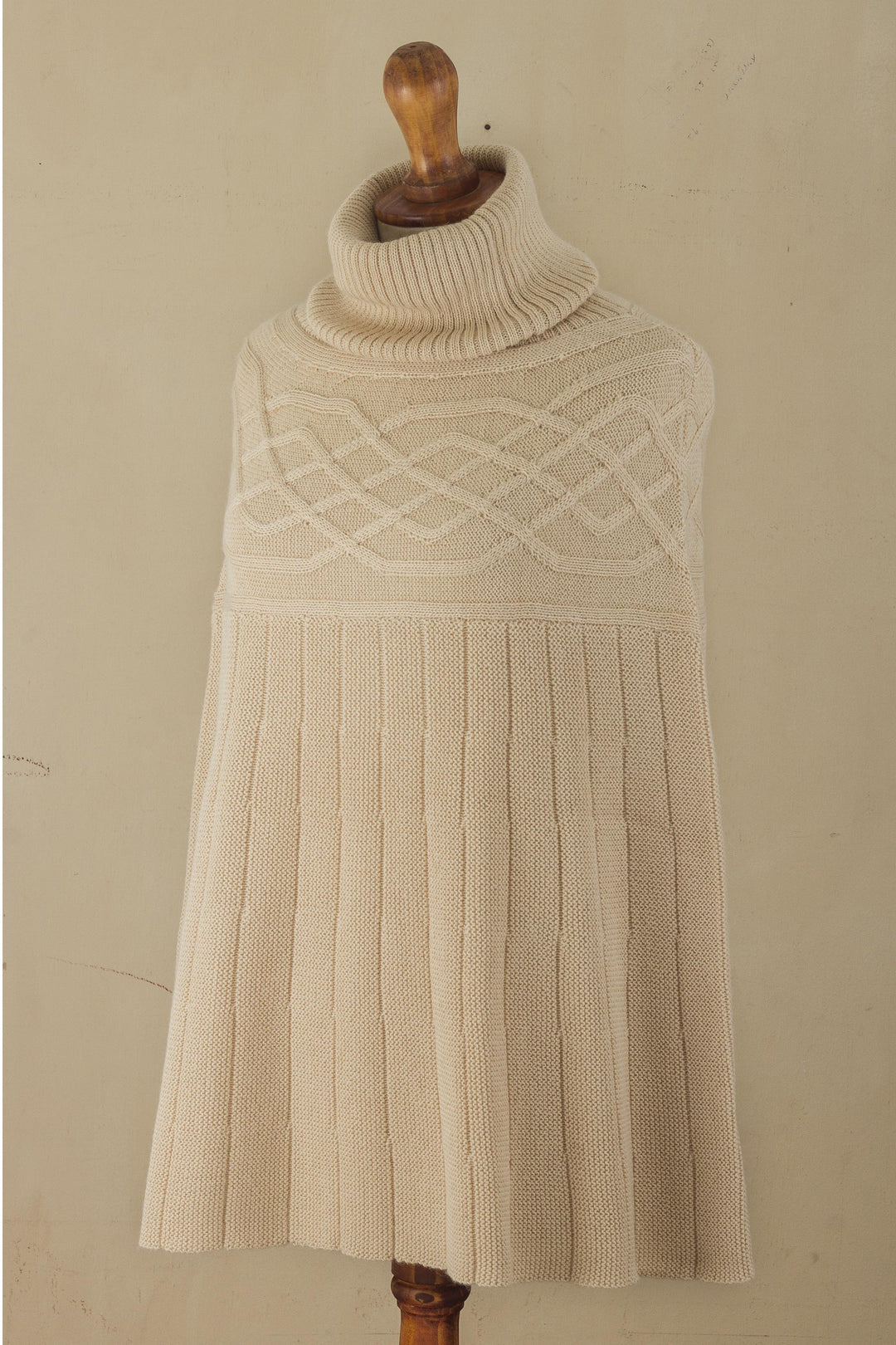 Braided Detail Ivory Alpaca Blend Poncho from Peru - Natural Ivory