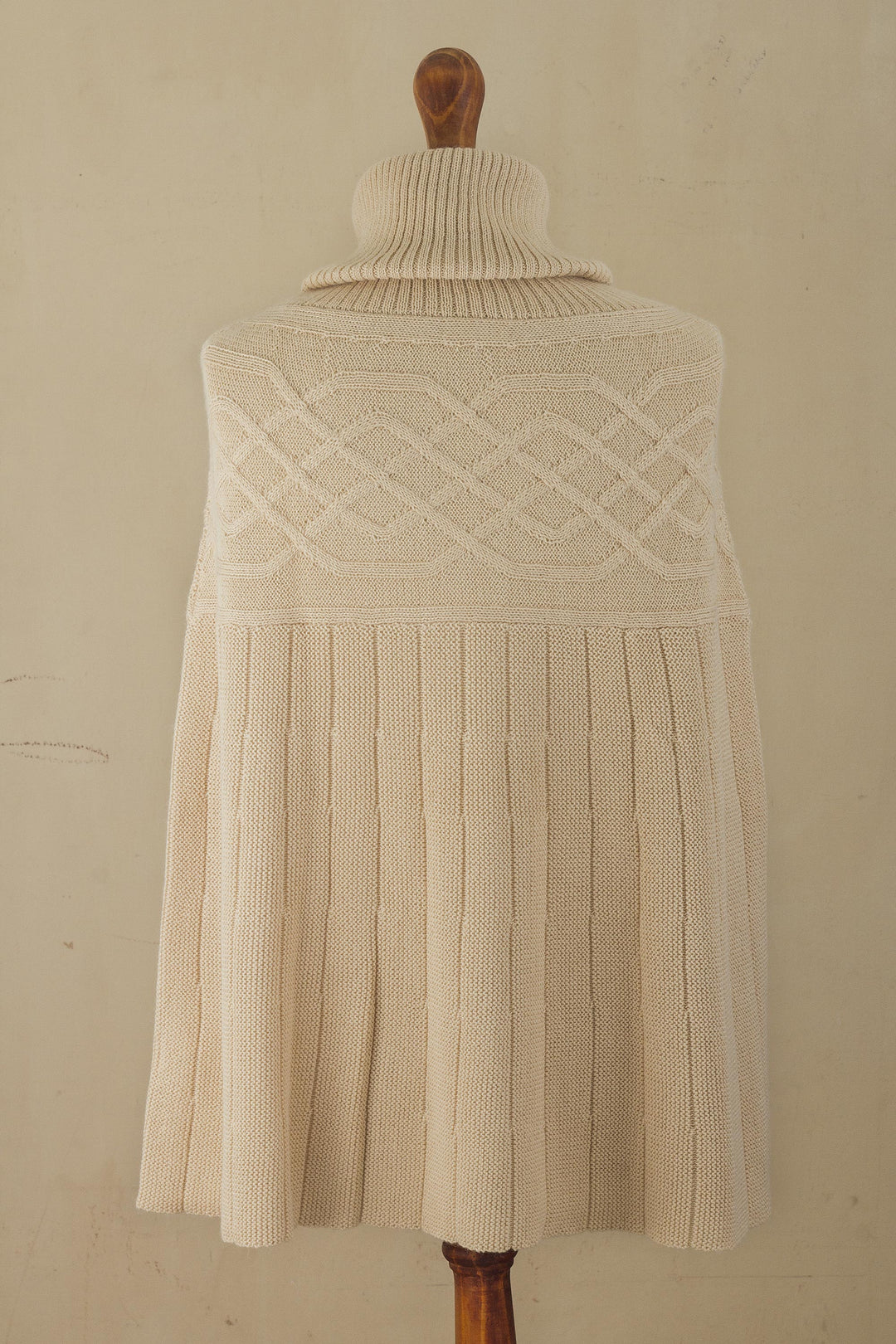 Braided Detail Ivory Alpaca Blend Poncho from Peru - Natural Ivory