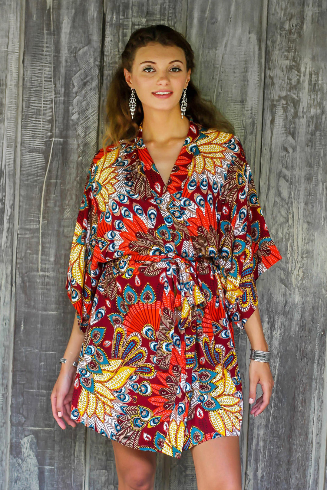 Multicolored Floral Rayon Robe in Red from Indonesia - Brush Feathers