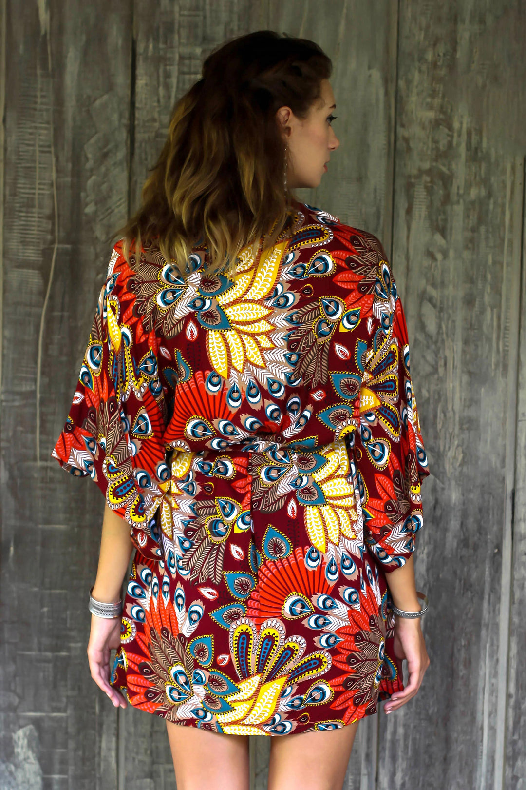 Multicolored Floral Rayon Robe in Red from Indonesia - Brush Feathers