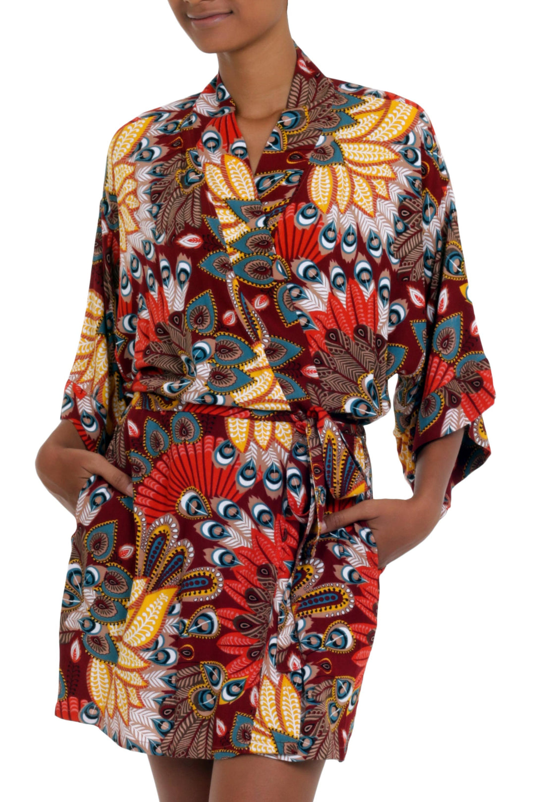 Multicolored Floral Rayon Robe in Red from Indonesia - Brush Feathers