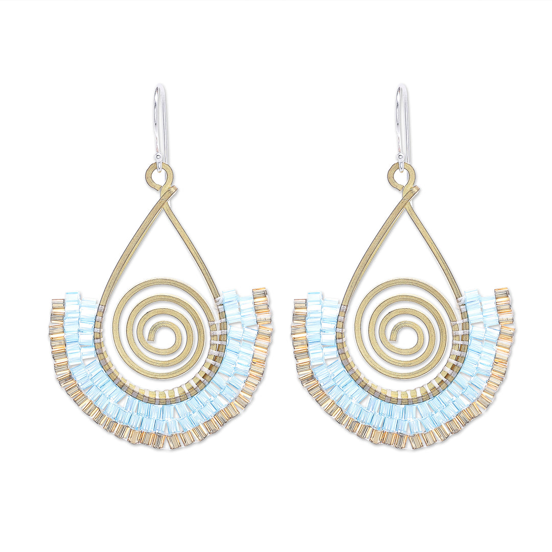 Aqua and Gold Glass Bead Spiral Dangle Earrings - Spiral Fan in Aqua
