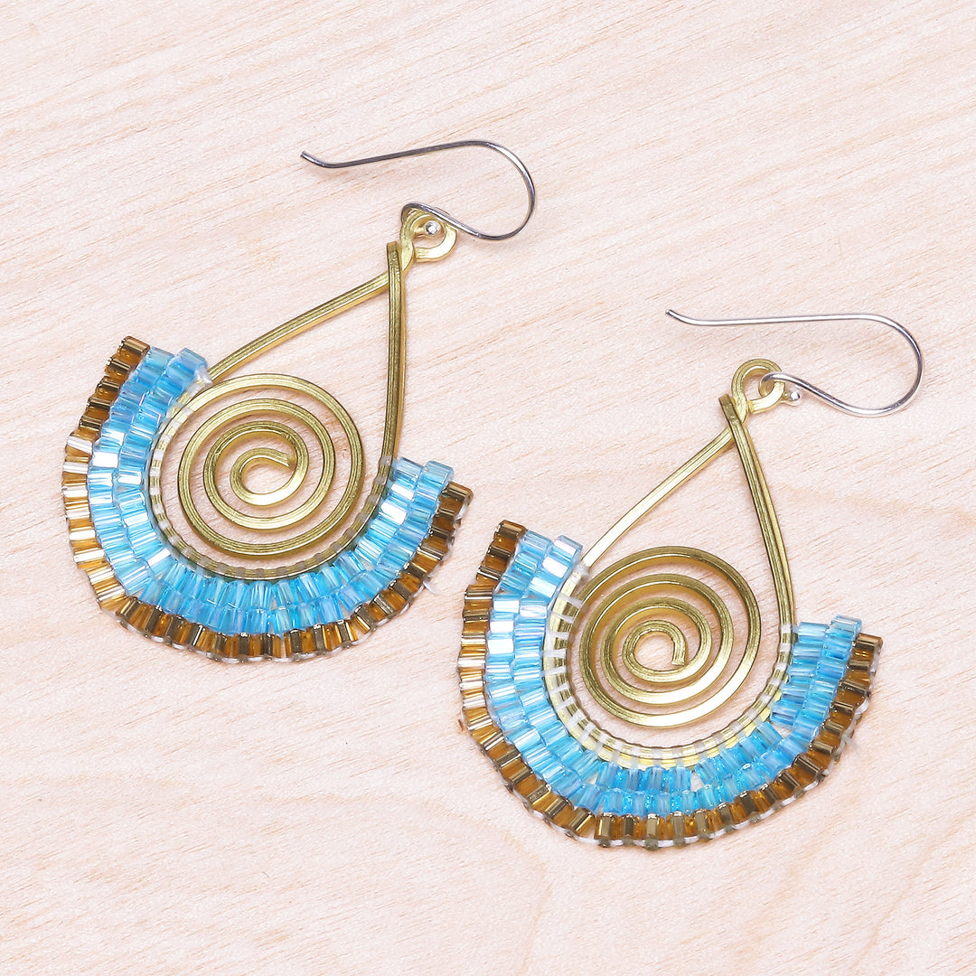 Aqua and Gold Glass Bead Spiral Dangle Earrings - Spiral Fan in Aqua