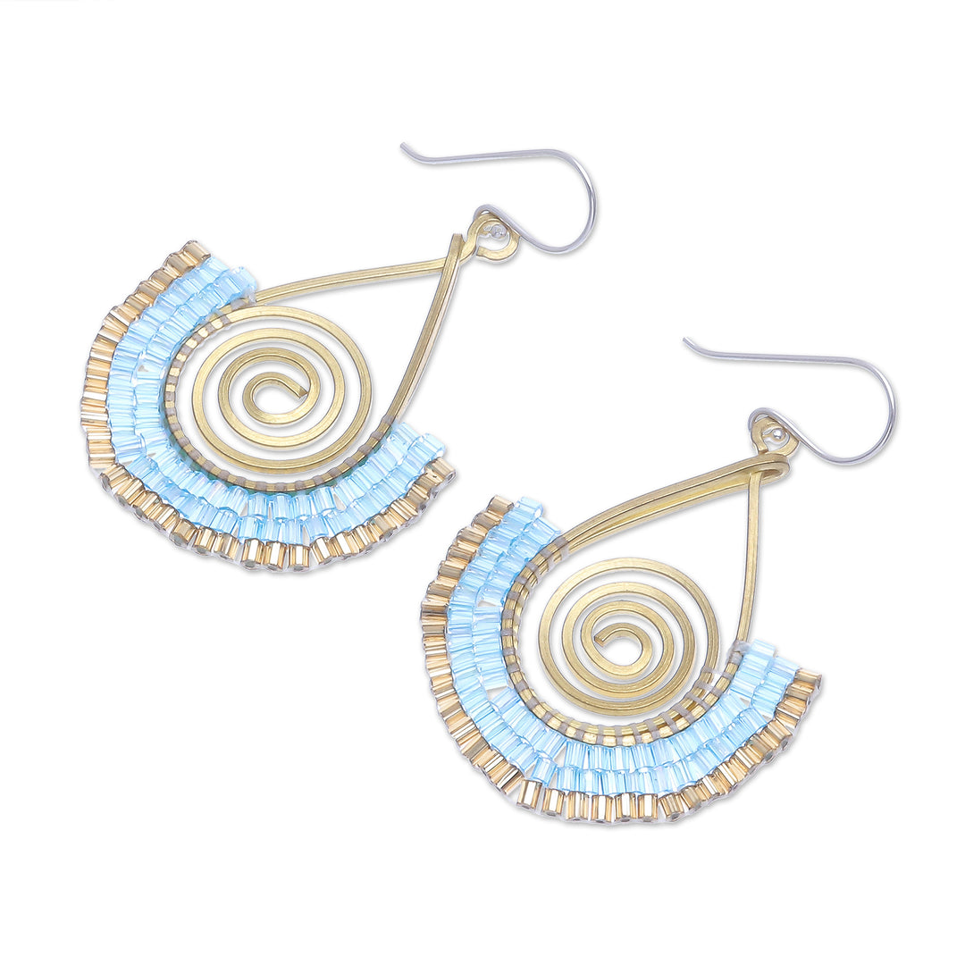 Aqua and Gold Glass Bead Spiral Dangle Earrings - Spiral Fan in Aqua