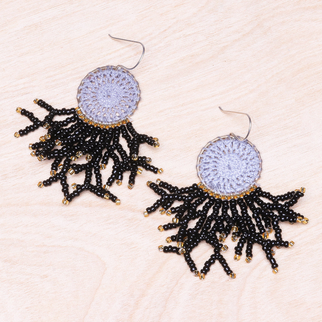 Crocheted Dreamcatcher Earrings with Black Glass Beads - Dreaming Tree in Black