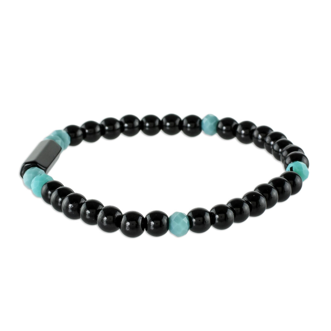 Unisex Beaded Onyx Bracelet with Crystal Accents - Strength and Vigor