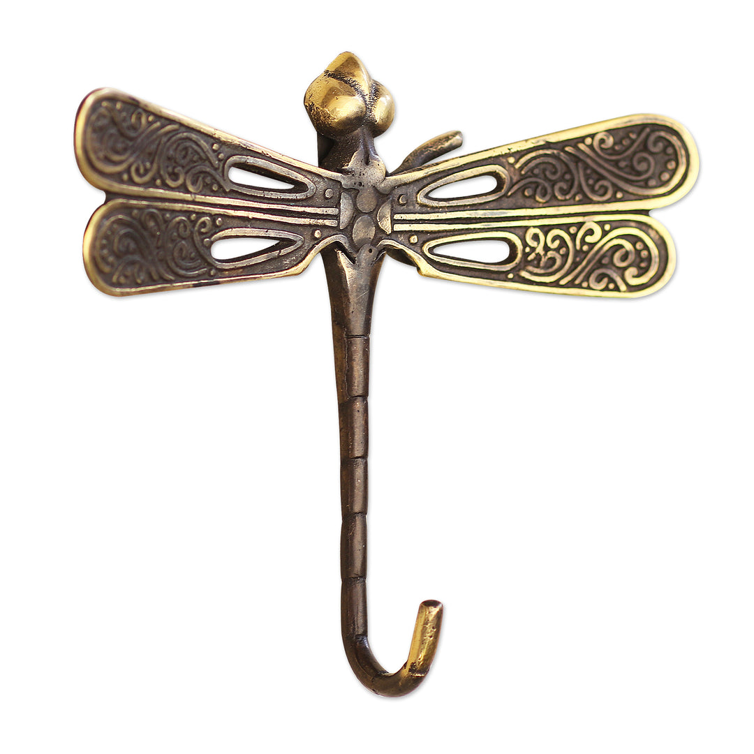 Hand Cast Bronze Dragonfly Wall Hook - Golden Dragonfly