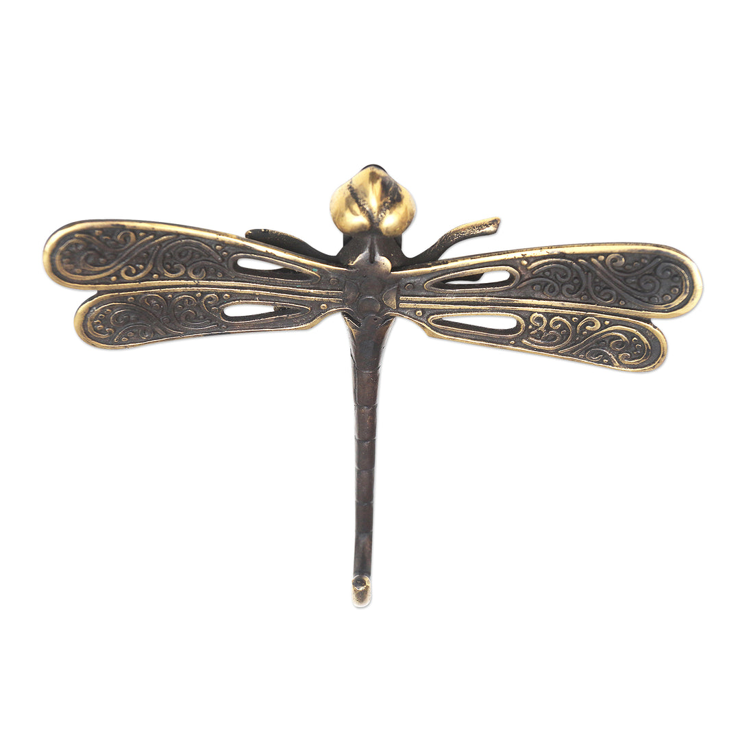 Hand Cast Bronze Dragonfly Wall Hook - Golden Dragonfly