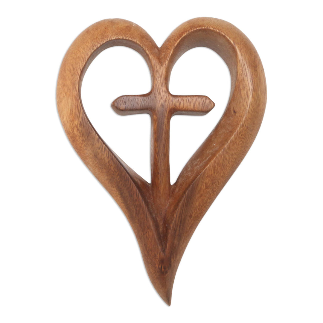 Hand Carved Suar Wood Relief Panel Heart Cross - Cross My Heart