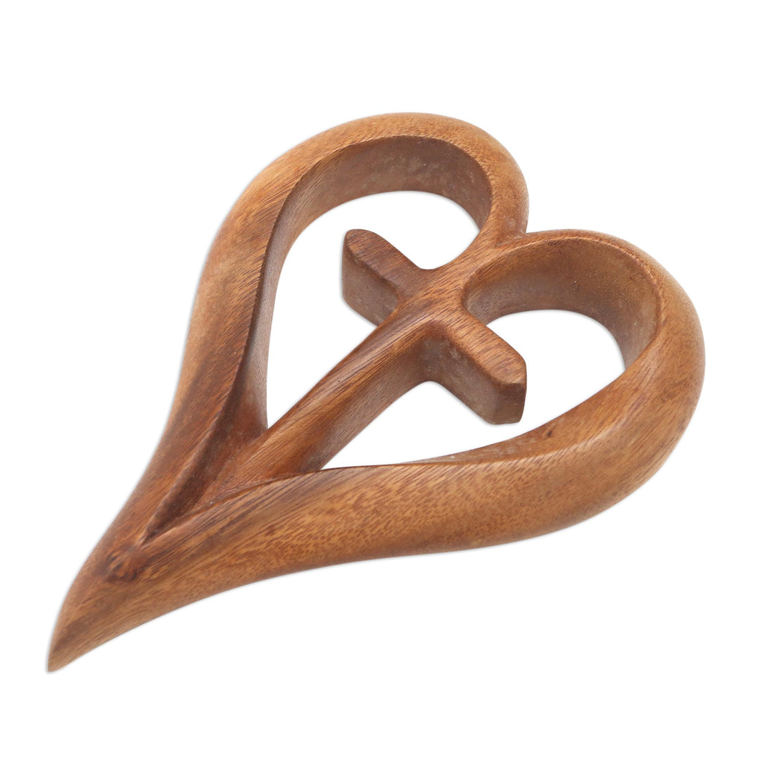 Hand Carved Suar Wood Relief Panel Heart Cross - Cross My Heart
