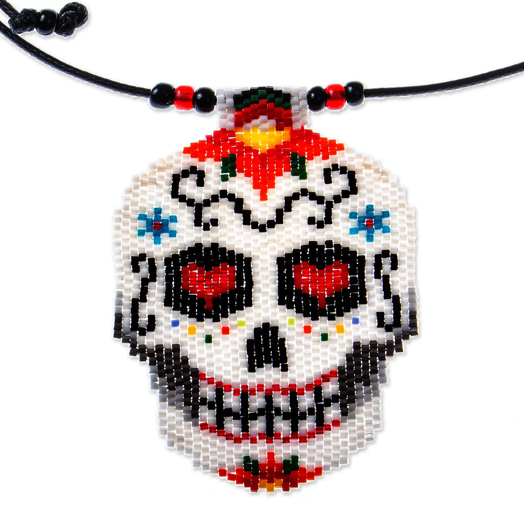 Beadwork Day of the Dead White Skull Huichol Necklace - White Skeleton