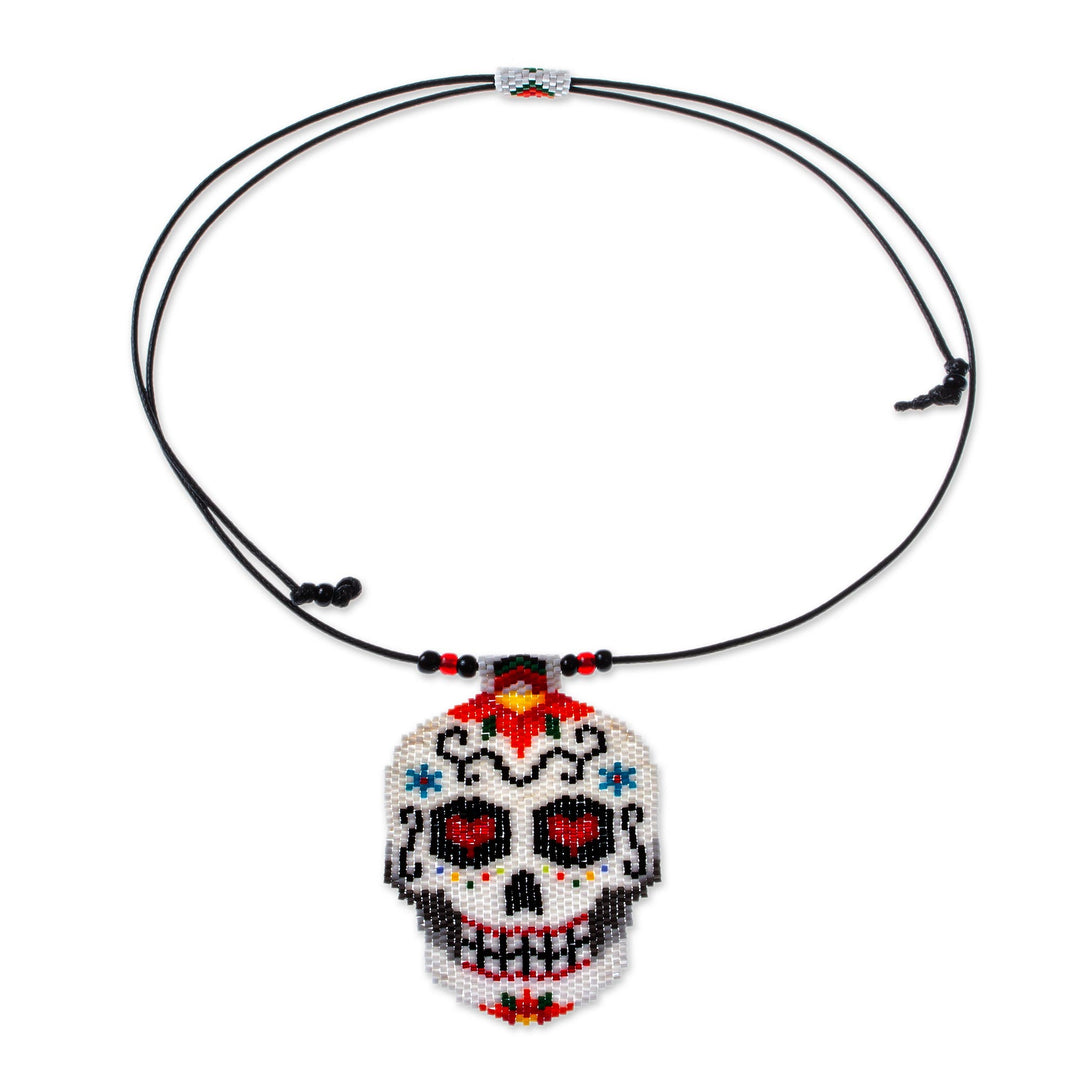 Beadwork Day of the Dead White Skull Huichol Necklace - White Skeleton