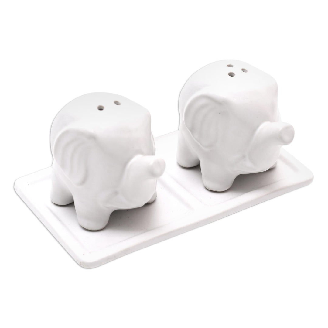 Matte White Ceramic Elephant Salt and Pepper Set with Tray - Eager Elephants in White