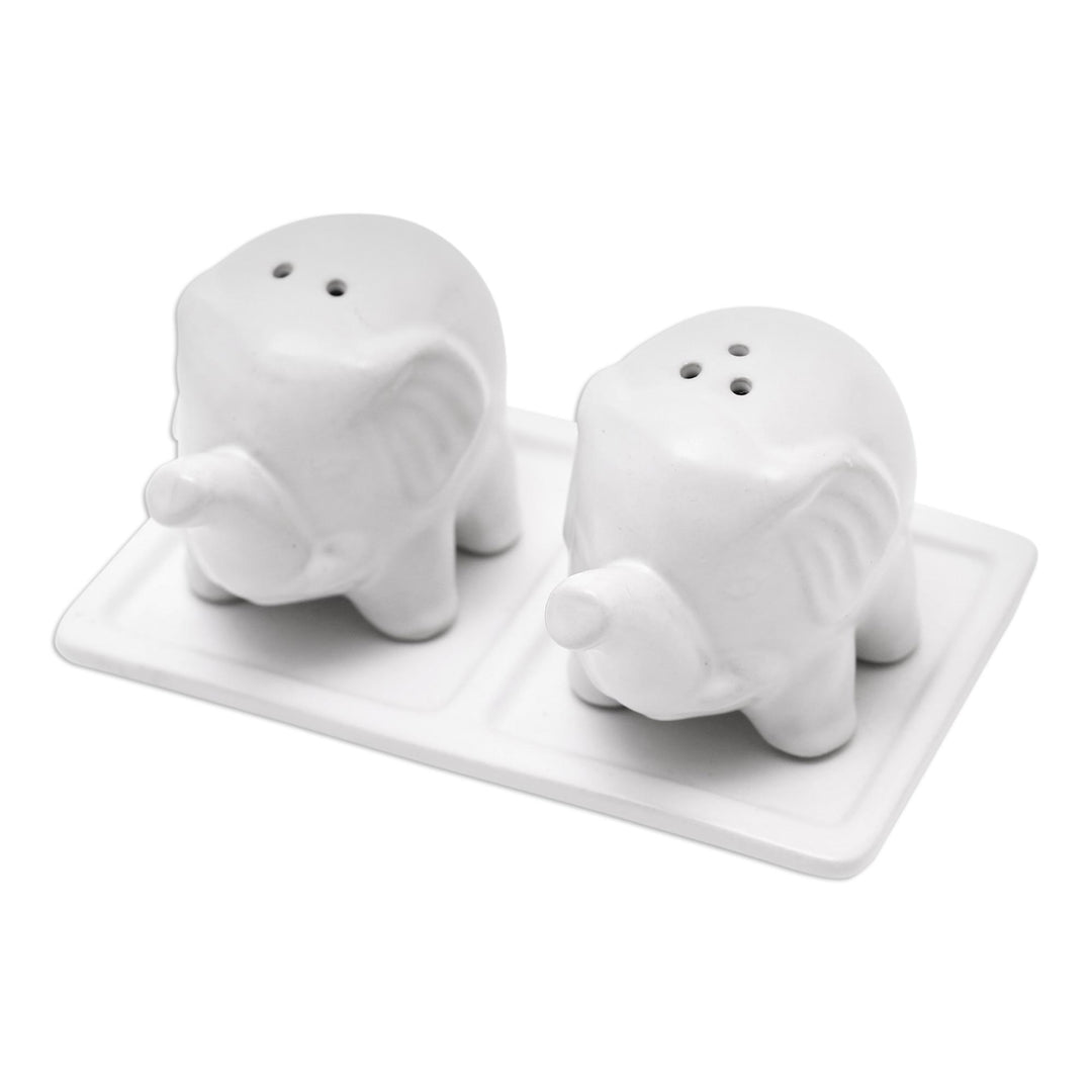 Matte White Ceramic Elephant Salt and Pepper Set with Tray - Eager Elephants in White