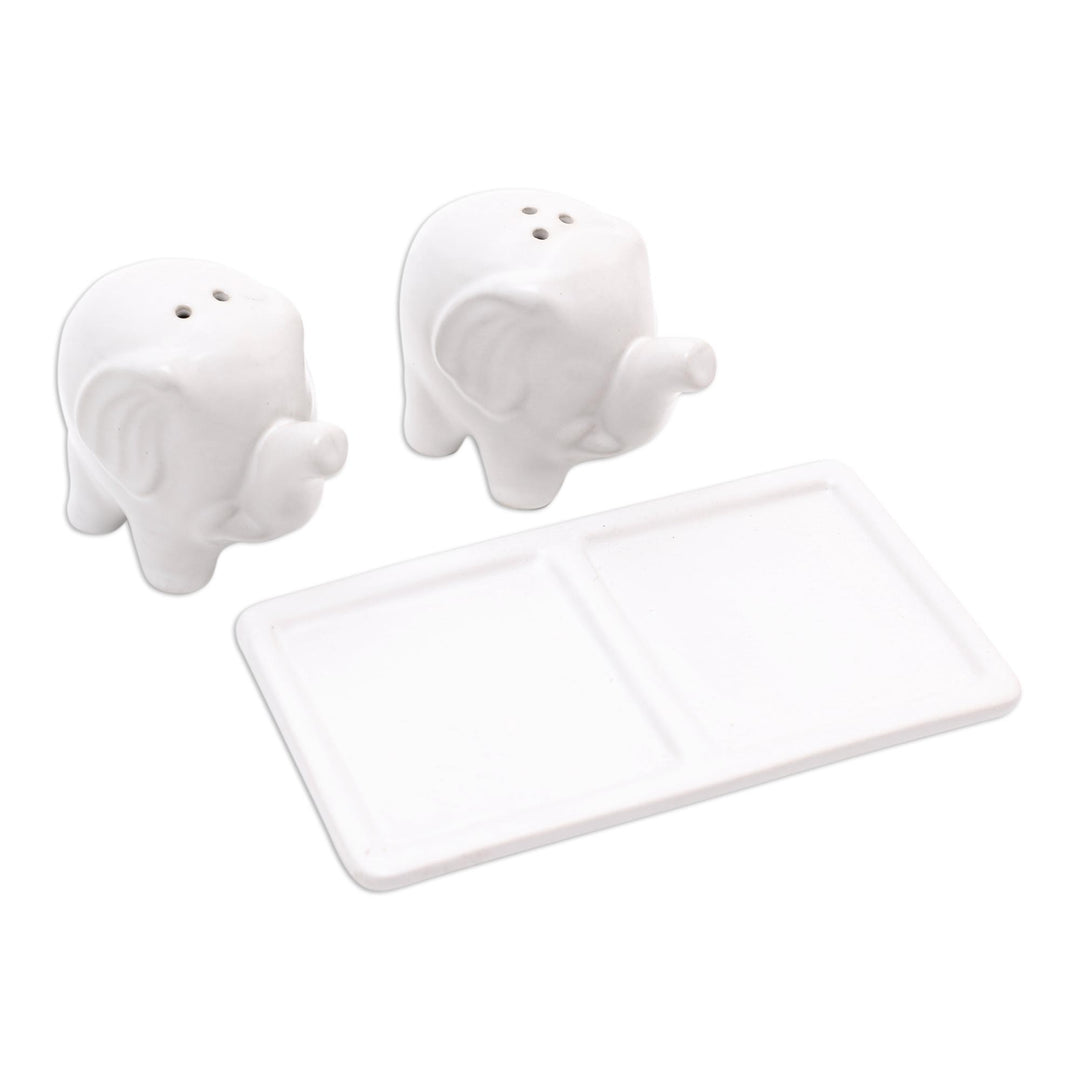 Matte White Ceramic Elephant Salt and Pepper Set with Tray - Eager Elephants in White