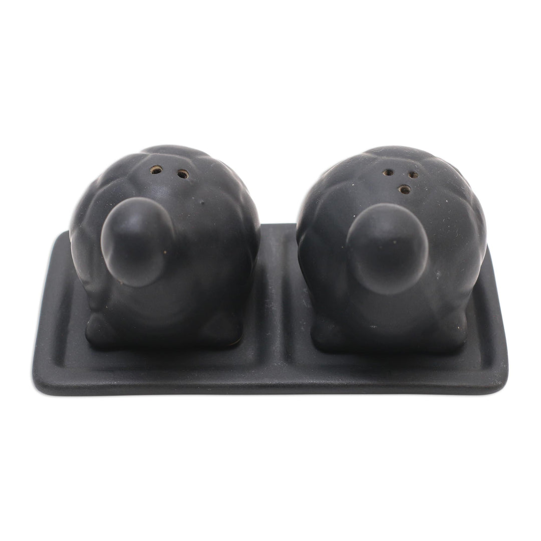 Matte Black Ceramic Turtle Salt and Pepper Shakers with Tray - Tortoise Friends in Black