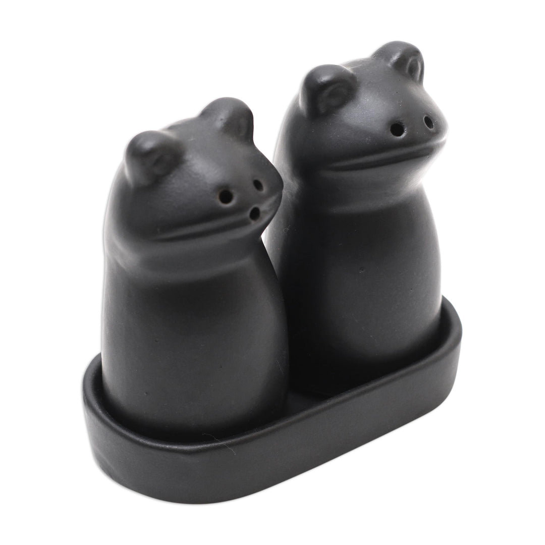 Matte Black Ceramic Frog Salt and Pepper Shakers with Tray - Fanciful Frogs in Black