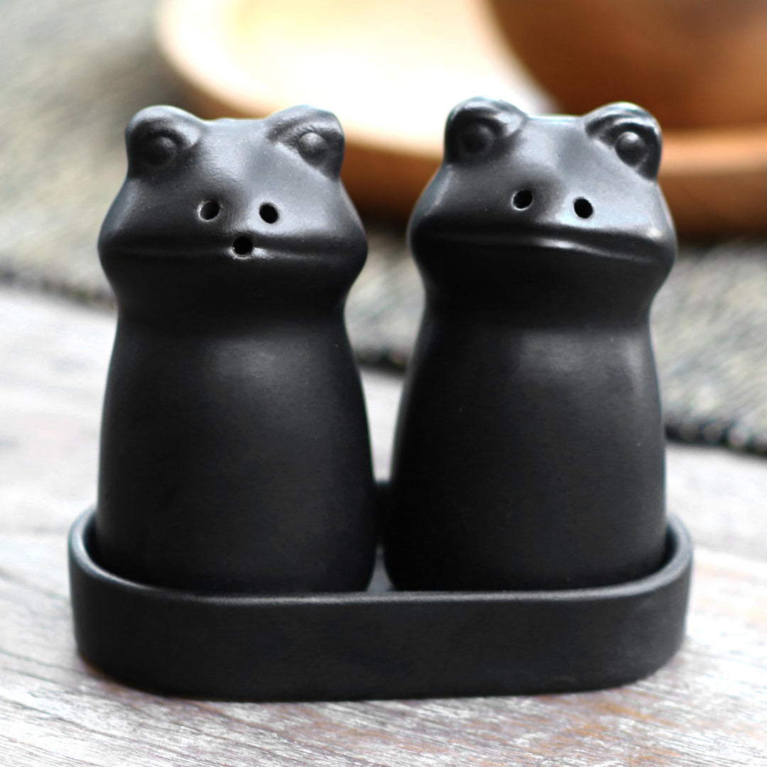 Matte Black Ceramic Frog Salt and Pepper Shakers with Tray - Fanciful Frogs in Black