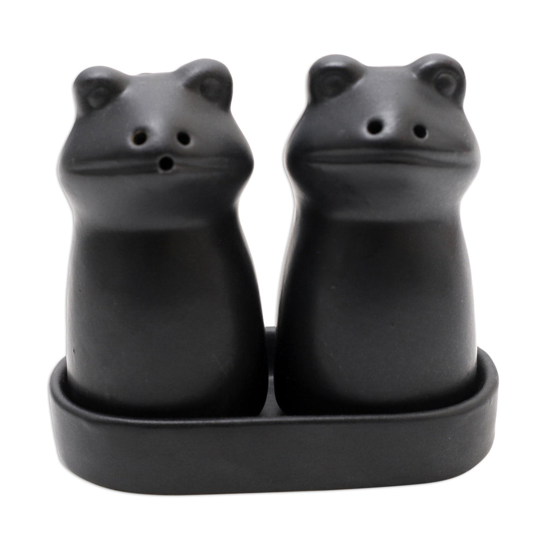 Matte Black Ceramic Frog Salt and Pepper Shakers with Tray - Fanciful Frogs in Black