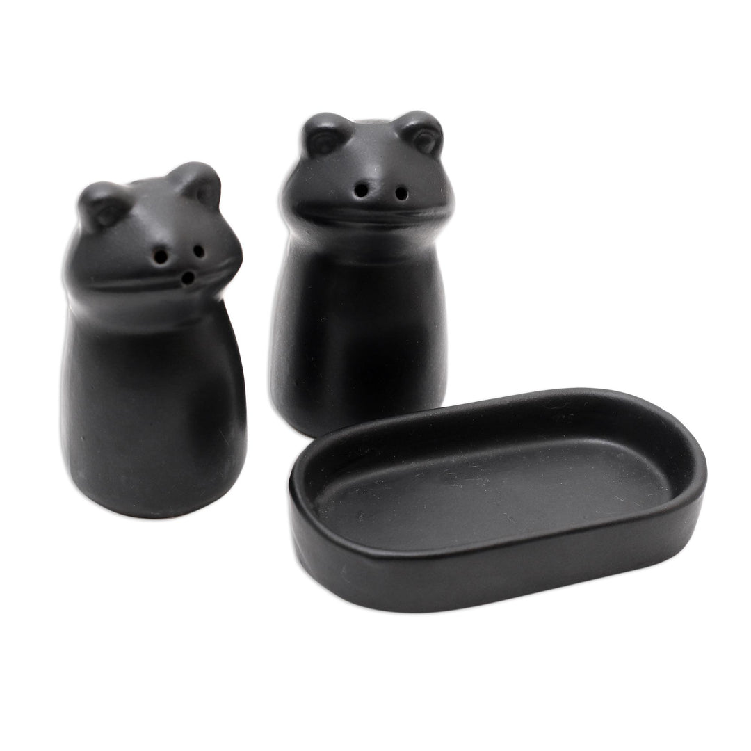 Matte Black Ceramic Frog Salt and Pepper Shakers with Tray - Fanciful Frogs in Black