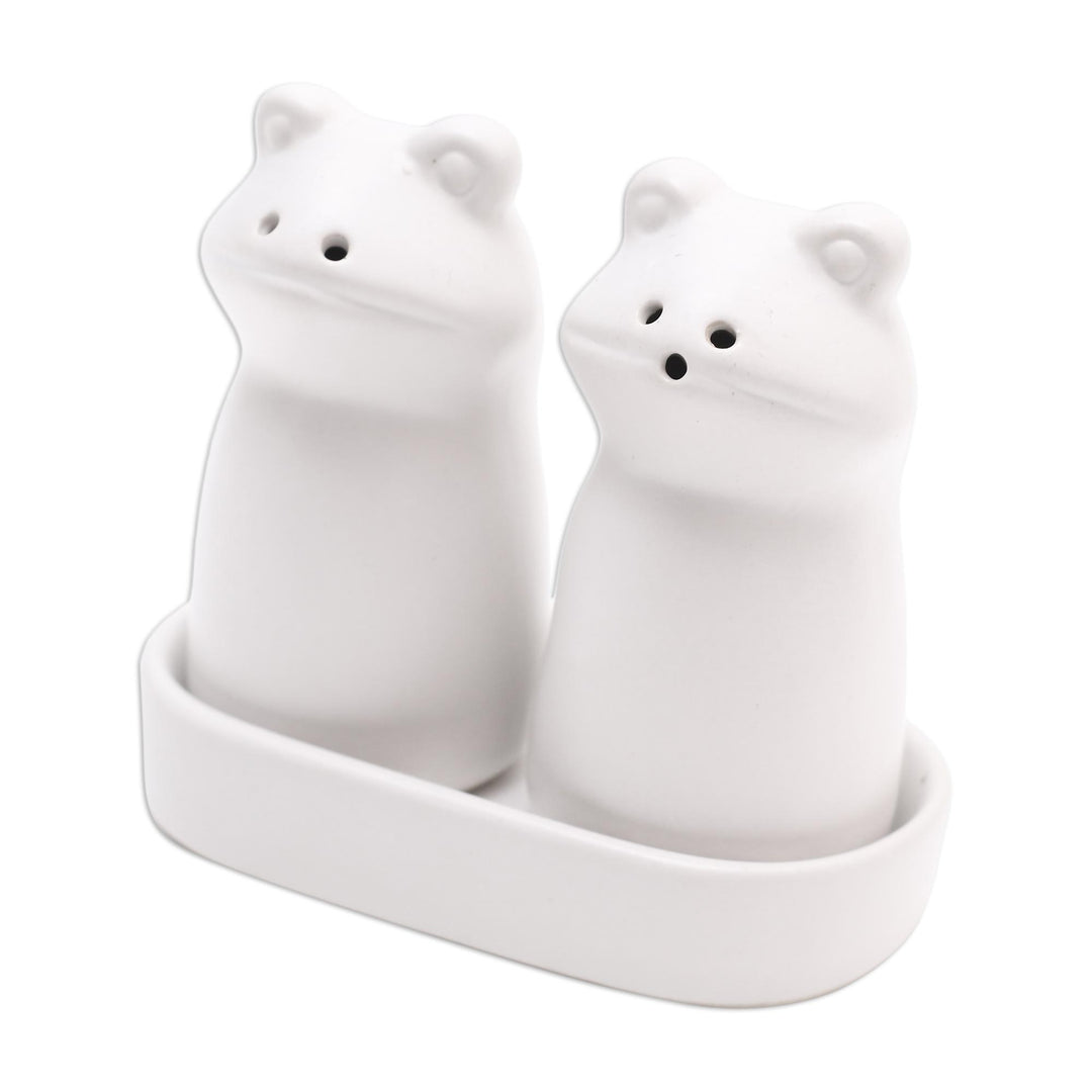 Matte White Ceramic Frog Salt and Pepper Shakers with Tray - Fanciful Frogs in White