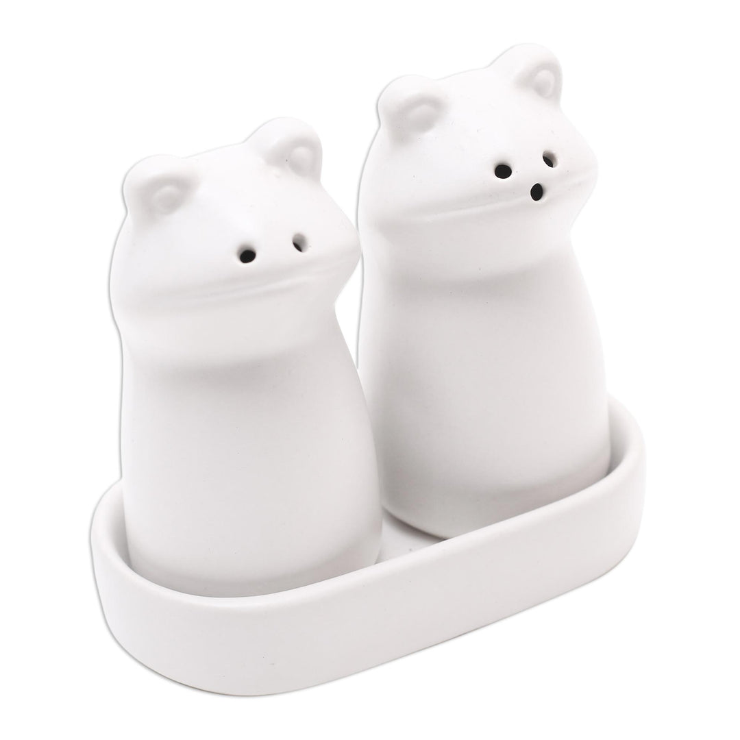 Matte White Ceramic Frog Salt and Pepper Shakers with Tray - Fanciful Frogs in White