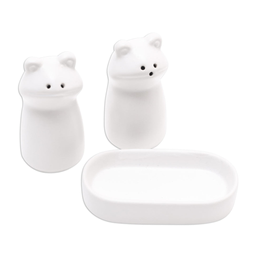 Matte White Ceramic Frog Salt and Pepper Shakers with Tray - Fanciful Frogs in White