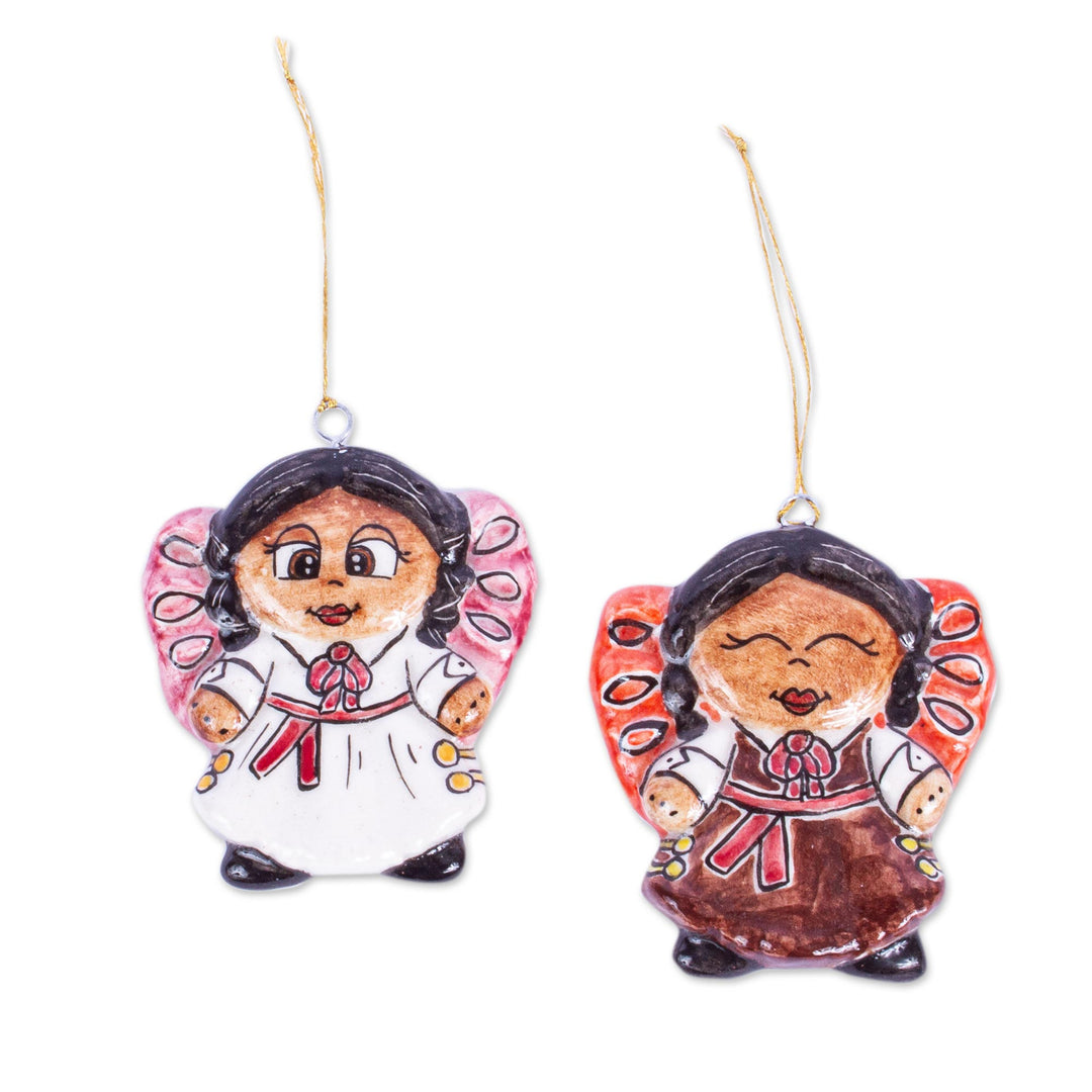 Two Ceramic Little Angel Girl Ornaments from Mexico - Angel Girls