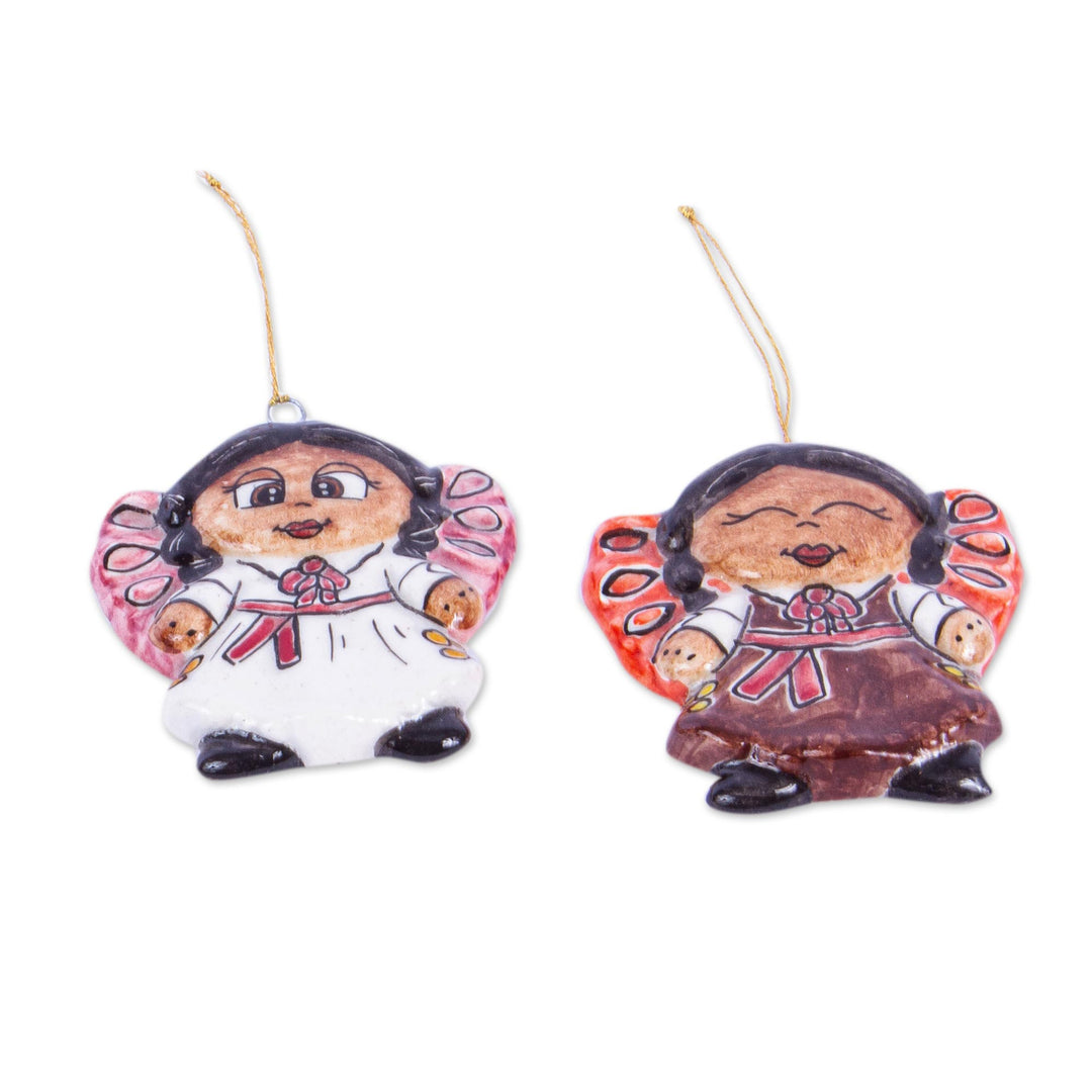 Two Ceramic Little Angel Girl Ornaments from Mexico - Angel Girls