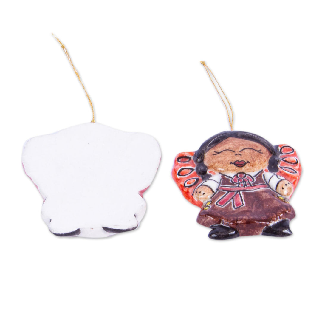 Two Ceramic Little Angel Girl Ornaments from Mexico - Angel Girls