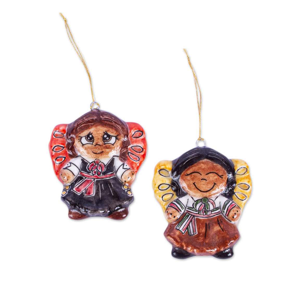 Two Ceramic Little Girl Angel Ornaments from Mexico - Little Girl Angels