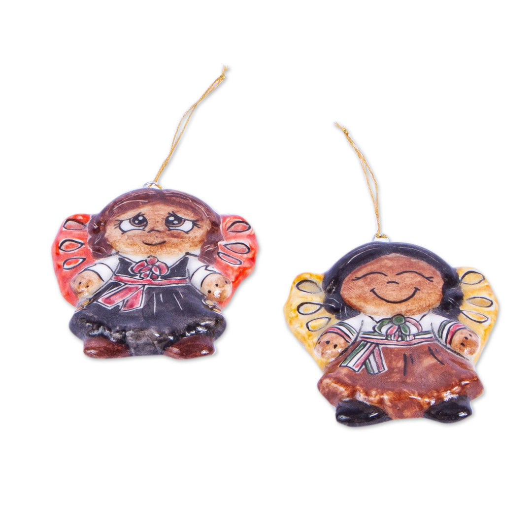 Two Ceramic Little Girl Angel Ornaments from Mexico - Little Girl Angels
