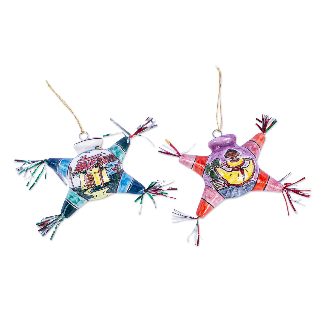 Two Hand Painted Ceramic Piñata Ornaments from Mexico - Cheerful Piñatas