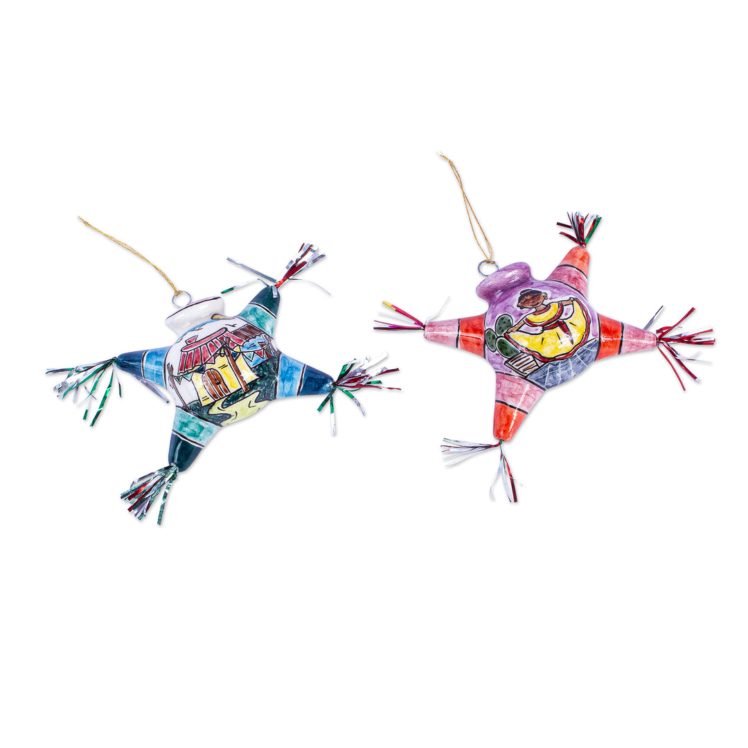 Two Hand Painted Ceramic Piñata Ornaments from Mexico - Cheerful Piñatas