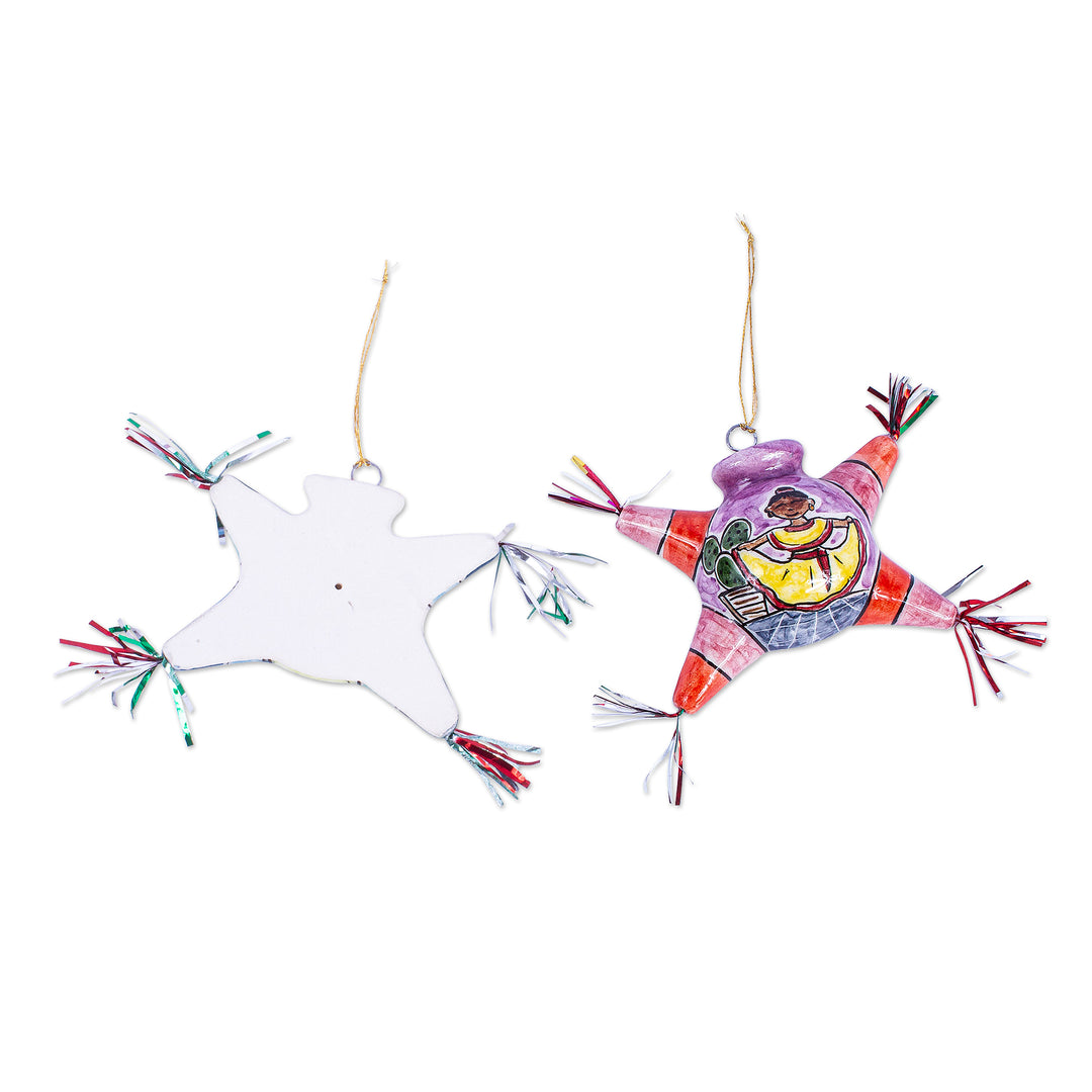 Two Hand Painted Ceramic Piñata Ornaments from Mexico - Cheerful Piñatas