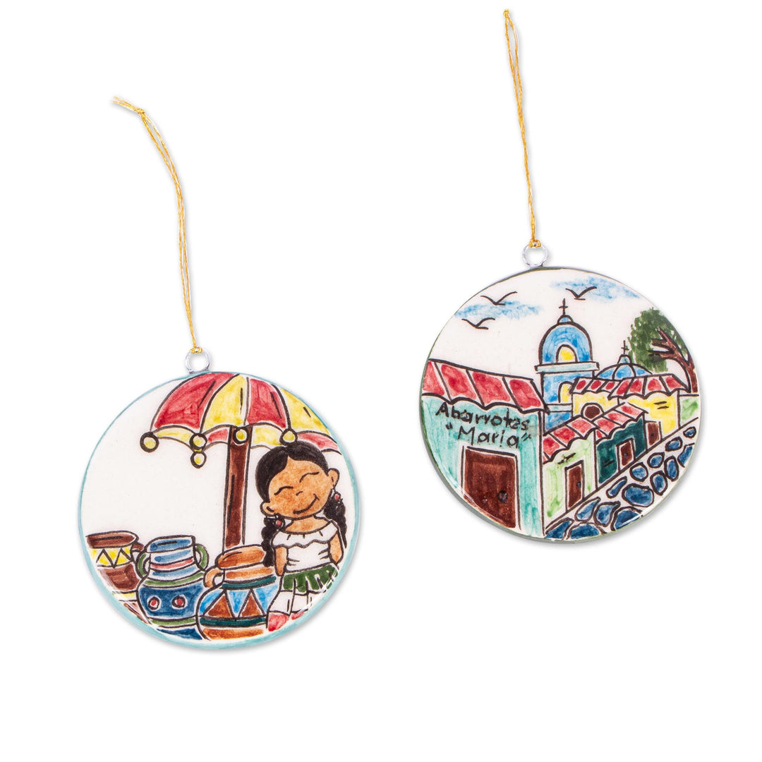 Two Ceramic Ornaments with Vignettes from Mexico - Mexican Life