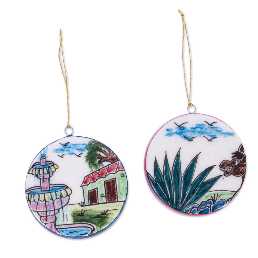 Two Ceramic Ornaments Hand Painted with Scenes from Mexico - Nostalgia for Mexico