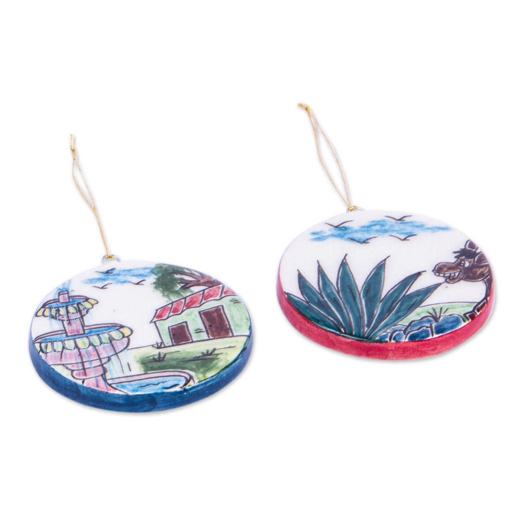 Two Ceramic Ornaments Hand Painted with Scenes from Mexico - Nostalgia for Mexico