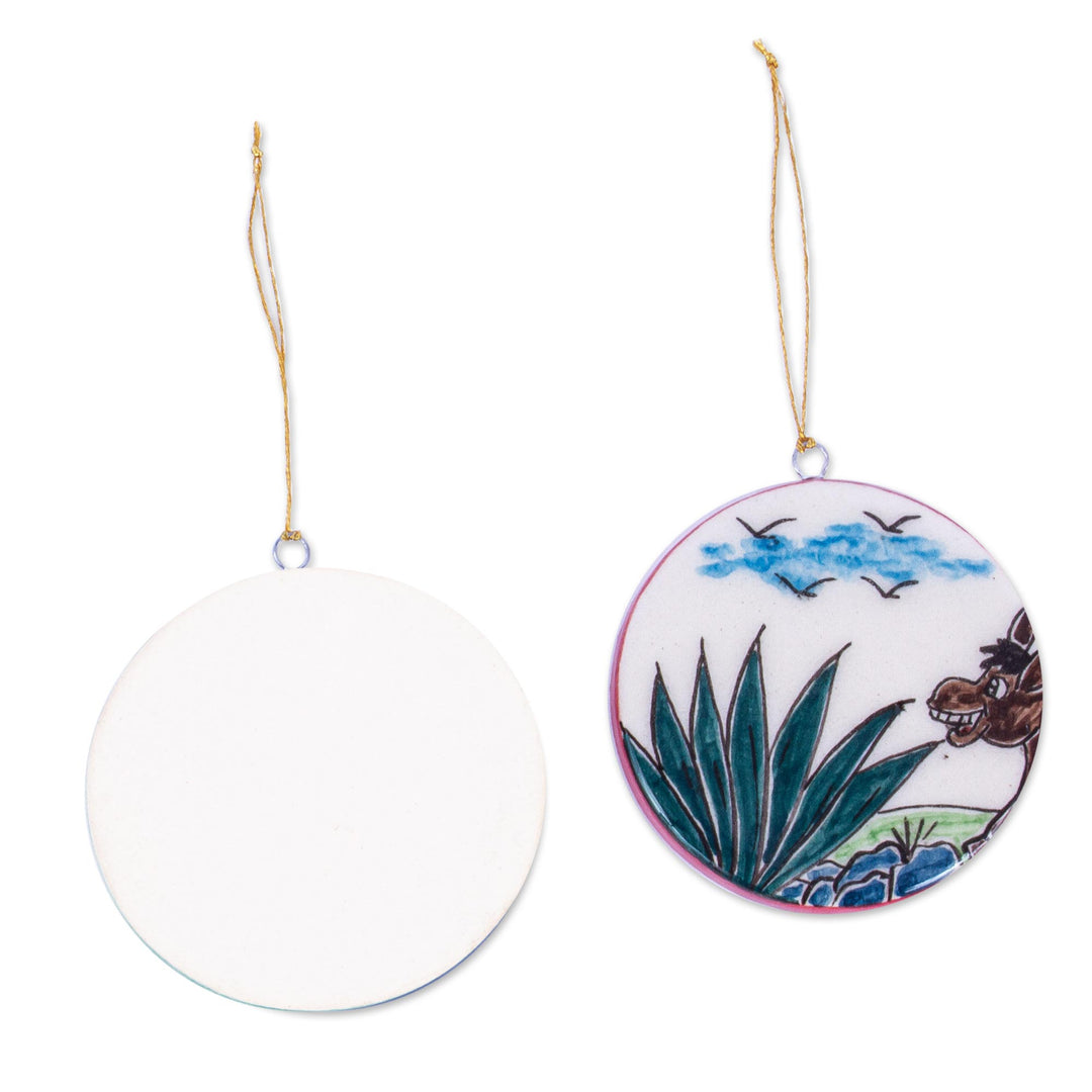 Two Ceramic Ornaments Hand Painted with Scenes from Mexico - Nostalgia for Mexico