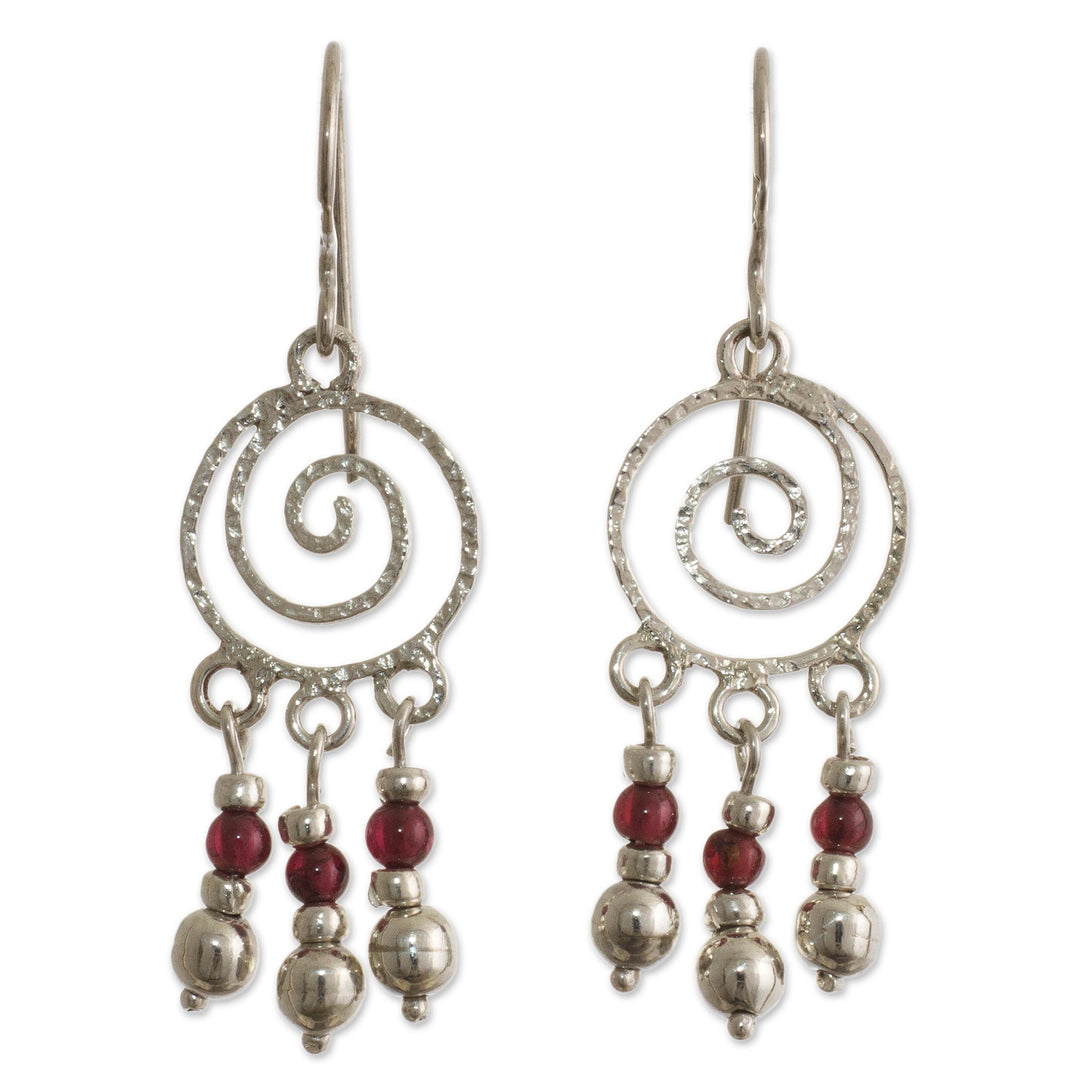 Spiral Sterling Silver Earrings with Garnets - Spiral Nebula