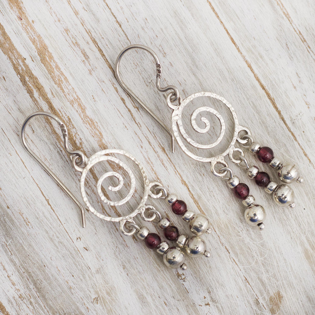 Spiral Sterling Silver Earrings with Garnets - Spiral Nebula