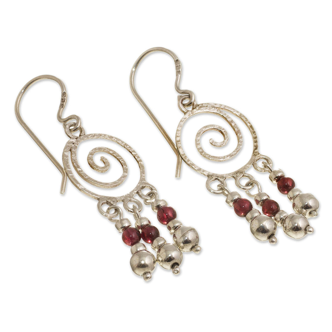 Spiral Sterling Silver Earrings with Garnets - Spiral Nebula