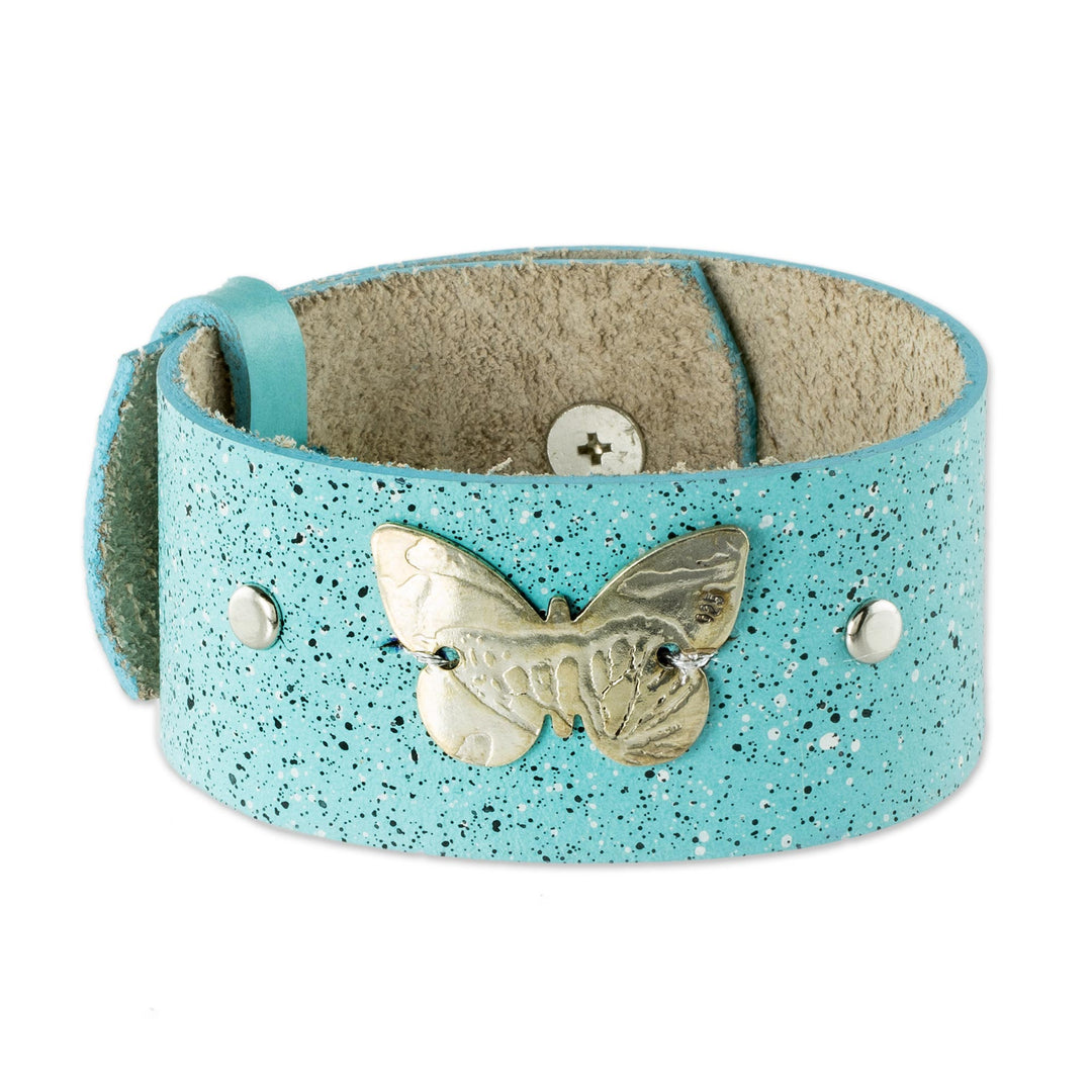 Blue Leather Wristband Bracelet with Butterfly - Butterfly Medallion