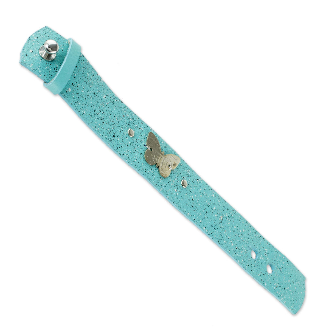 Blue Leather Wristband Bracelet with Butterfly - Butterfly Medallion