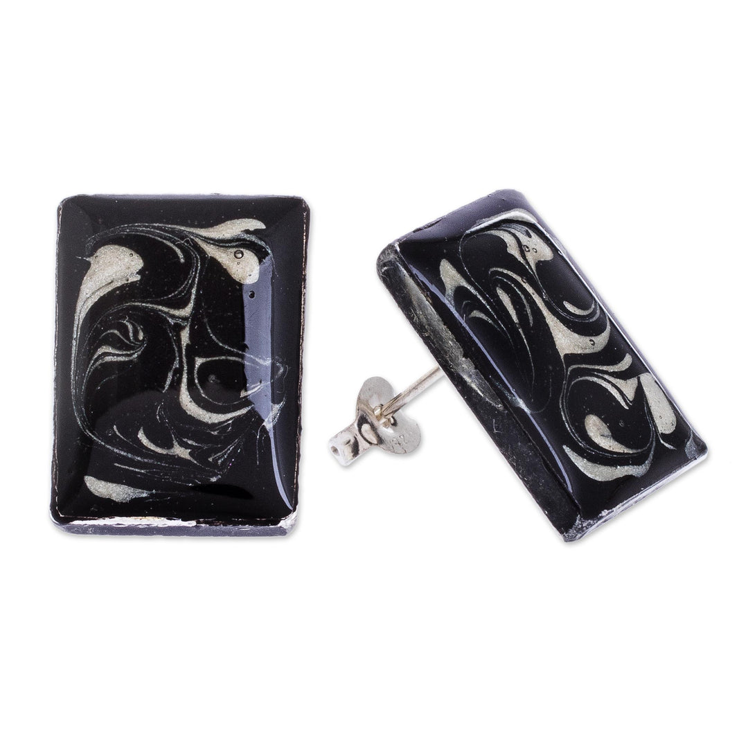 Central American Sterling Silver and Resin Button Earrings - Abstracto